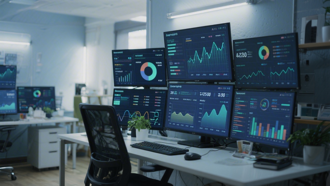 Digital analytics workspace with multiple screens showing traffic and conversion metrics, emphasizing data-driven education in marketing and web design.