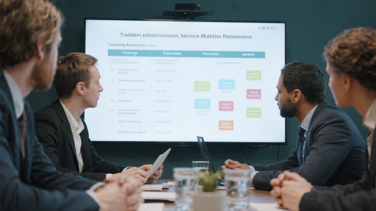 Business meeting with participants reviewing a training agenda on a large screen, highlighting careful program selection and planning for tailored educational services.