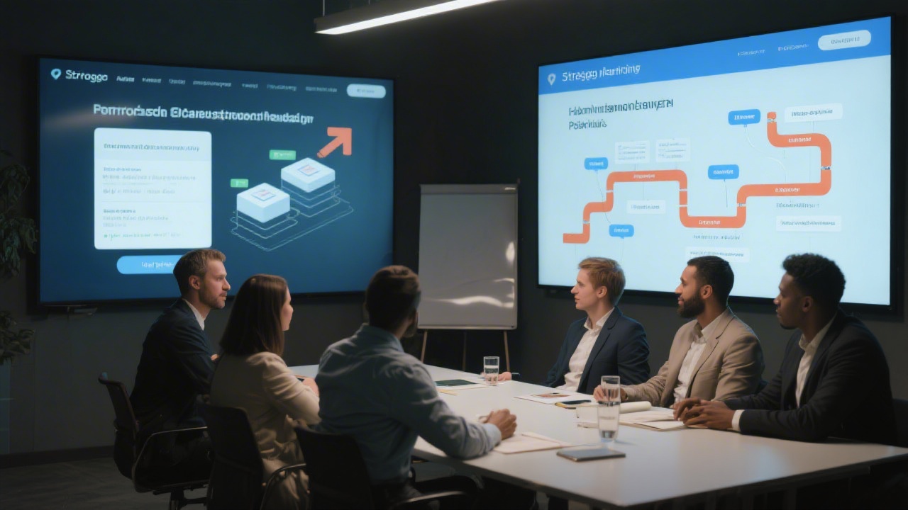 Strategic planning session with digital screens showing website architecture and marketing funnels, emphasizing a structured and performance-focused educational approach.