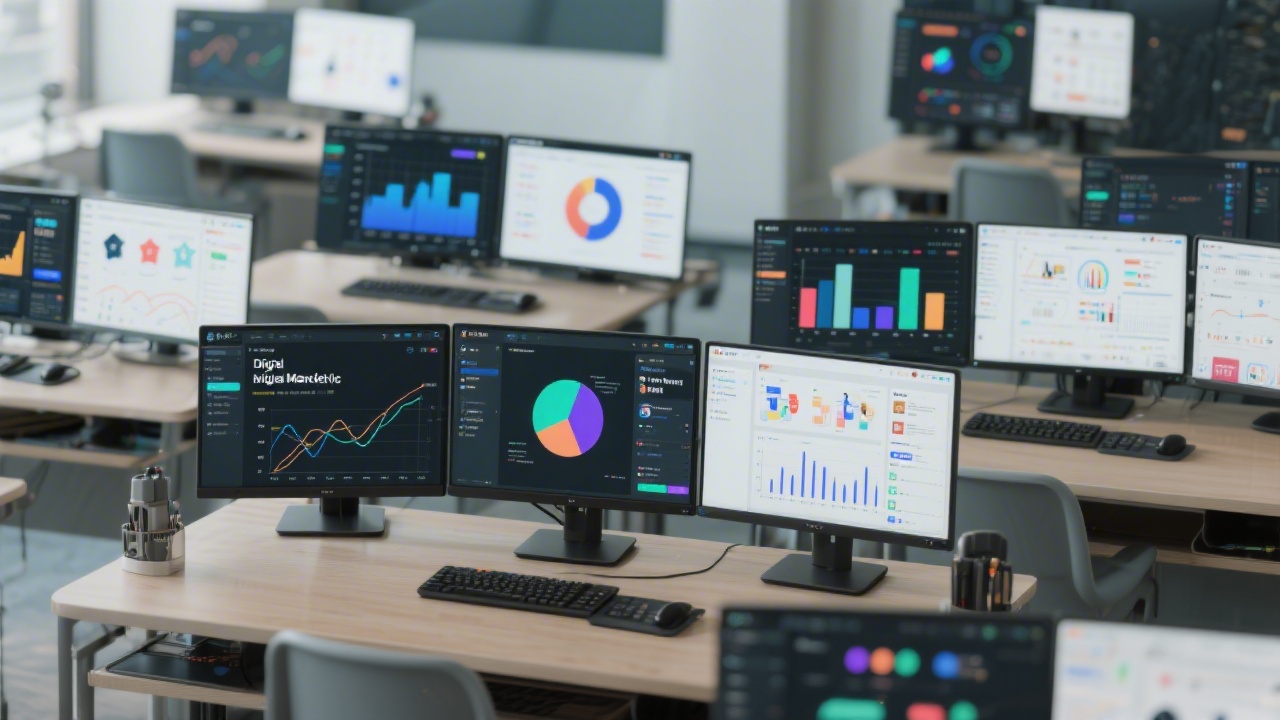 Set of digital marketing tools displayed on multiple monitors, including analytics and design software, illustrating a modern education environment that focuses on practical tool usage.